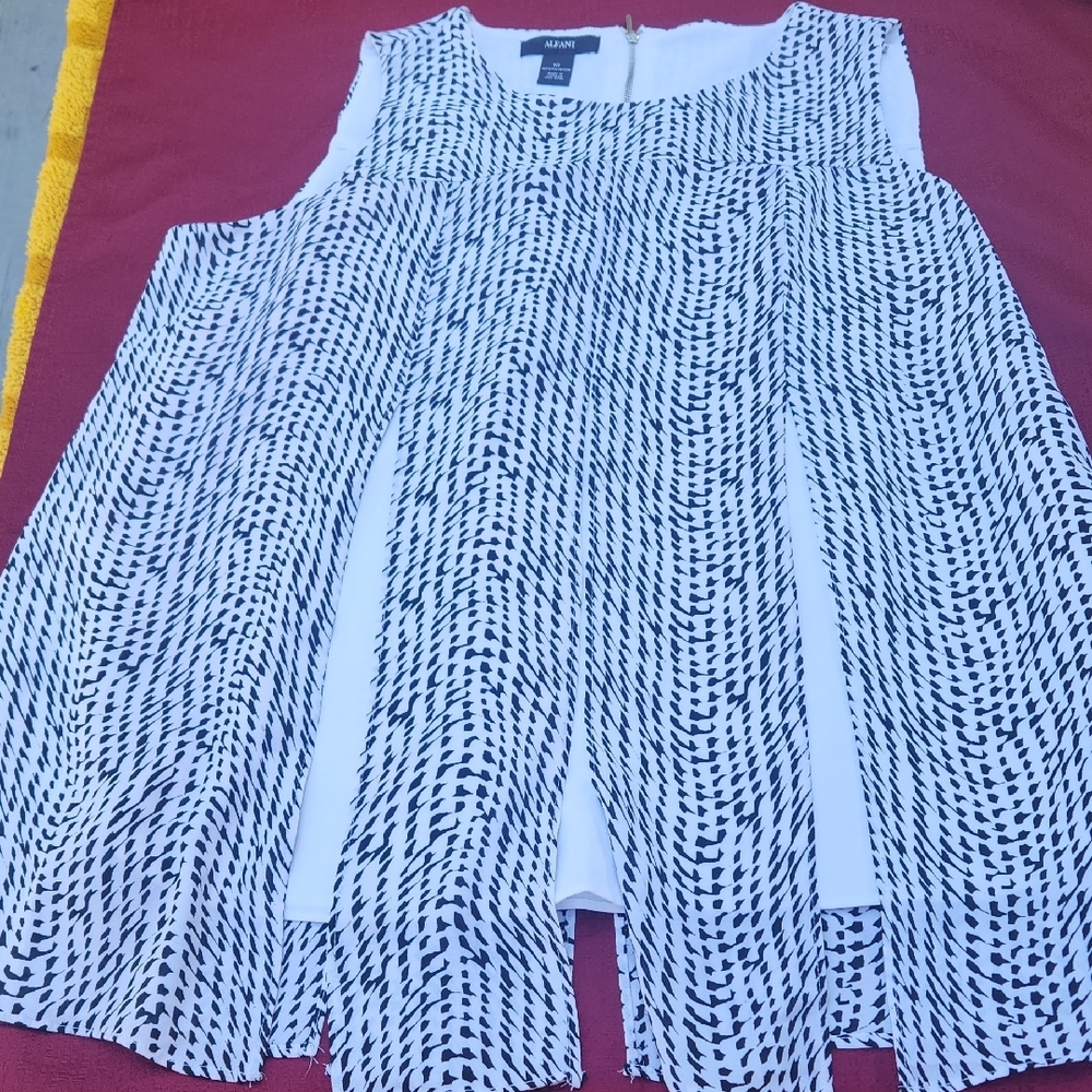 Tahari Asymmetrical Black and White Pleated Blouse